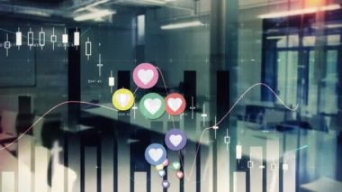 İş yerindeki istatistiksel verilerin ve kalp simgelerinin animasyonu. küresel sosyal medya ve iletişim konsepti dijital olarak oluşturulmuş video.