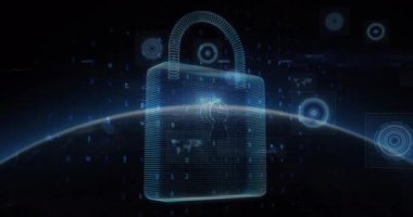 Çevrimiçi güvenlik kilidinin animasyonu dürbün taraması ve veri işleme üzerinde. küresel internet güvenliği, siber suç, bağlantılar ve dijital olarak oluşturulmuş veri işleme kavramı.