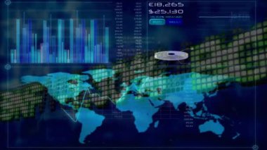 Dünya haritası üzerinde veri işleme ve finansal istatistiklerin animasyonu. küresel hesaplama, veri işleme, bağlantılar ve dijital arayüz konsepti dijital olarak oluşturulmuş video.