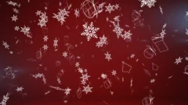 Düşen karın animasyonu ve kırmızı arka planda yılbaşı deseni. Noel, gelenek ve kutlama konsepti dijital olarak oluşturuldu.