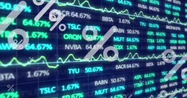 Finansal veri işleme üzerinde yüzde simgelerinin canlandırılması. küresel iş, finans ve dijital arayüz kavramı dijital olarak oluşturulmuş video.