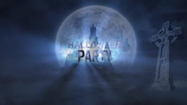 Cadılar Bayramı partisinin animasyonu ve yarasalar dolunayda ve gece gökyüzü arka planında. Cadılar bayramı geleneği ve dijital olarak oluşturulan kutlama konsepti.