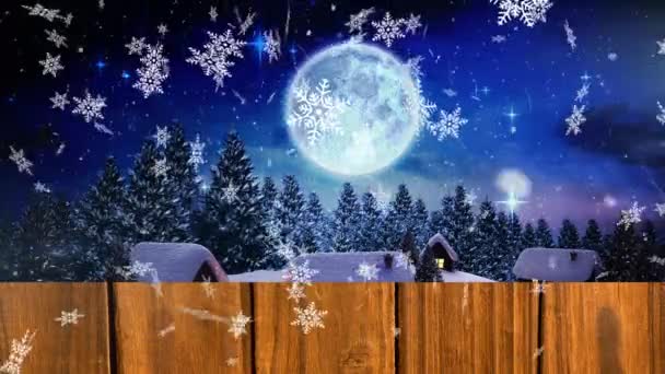 Schneeflocken Fallen Über Holzplanken Gegen Winterlandschaft Und Mond Nachthimmel Weihnachtsfeier — Stockvideo
