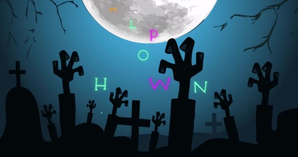 満月と夜を背景に墓地上のハロウィーンの挨拶のアニメーション ハロウィーンの伝統とお祝いのコンセプトデジタル生成ビデオ — ストック動画