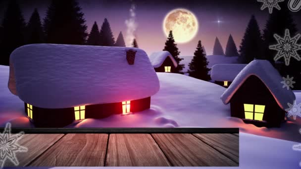 Schneeflocken Über Holzplanken Gegen Winterlandschaft Und Nachthimmel Weihnachtsfeier Und Festkonzept — Stockvideo
