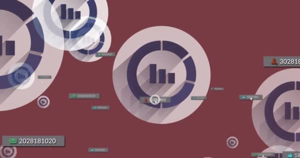 Анимация Диаграмм Медиаиконок Красном Фоне Глобальные Сети Бизнес Обработка Данных — стоковое видео