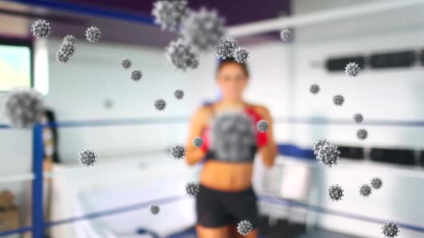 Animación Células Virales Flotando Sobre Boxeo Femenino Caucásico Global Covid — Vídeos de Stock