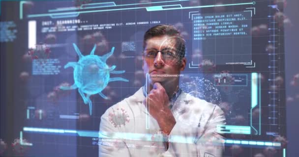 男性医師による細胞とデジタルインターフェースのアニメーション 世界中の医療 テクノロジーがビデオをデジタルで生成し — ストック動画
