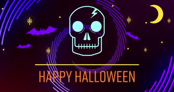 Animation Neon Halloween Hälsningar Text Med Skalle Och Neon Mönster — Stockvideo