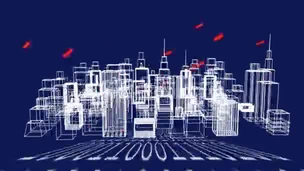 青い背景にバイナリコーディングと抽象的な都市グリッドの建物のアニメーション 世界規模の接続 データ処理 デジタルインターフェースの概念デジタル生成ビデオ — ストック動画