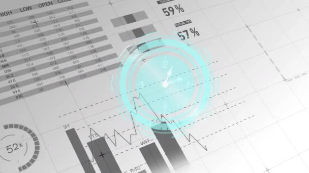 Animação Relógio Movendo Rapidamente Sobre Estatísticas Processamento Dados Financeiros Conceito — Vídeo de Stock