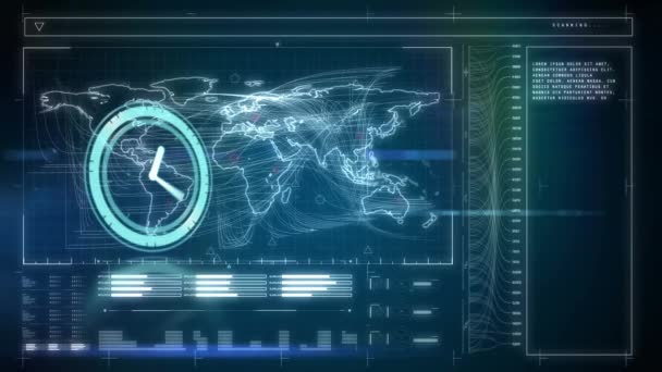 蓝色背景下的时钟动画和数据处理 全球业务 数据处理 连接和数字接口概念 — 图库视频影像