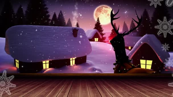 Hópelyhek Fapadlón Téli Tájra Hulló Éjszakai Égbolton Hold Ellen Karácsonyi — Stock videók