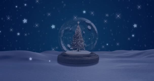 Animering Stjärnor Faller Över Snöglob Mörk Bakgrund Jul Tradition Och — Stockvideo