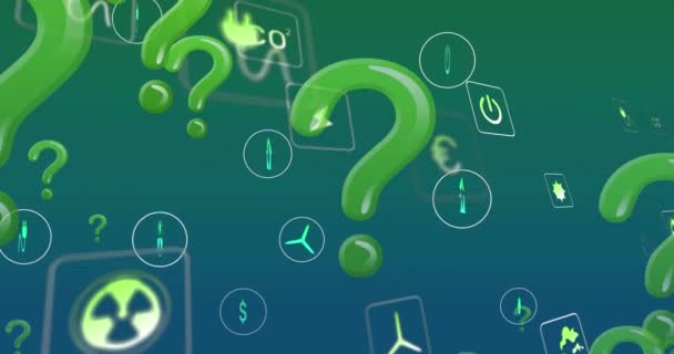 Animación Iconos Ecología Signos Interrogación Sobre Fondo Verde Redes Globales — Vídeos de Stock