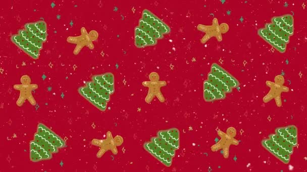 Animation Snow Falling Pattern Ginger Men Christmas Trees Red Background — Stock Video