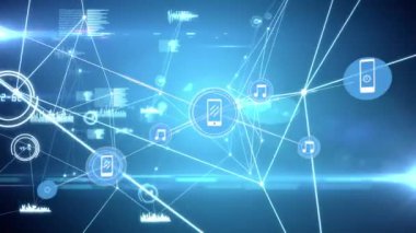 Donanma arkaplanı üzerinden simgeler ve veri işleme ağlarının animasyonu. küresel bağlantılar, veri işleme ve dijital arayüz konsepti dijital olarak oluşturulmuş video.