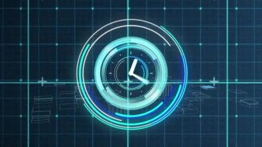 Kapsam taramasının animasyonu, siyah arkaplandaki şehir manzarasının dijital çiziminin üzerindeki saat ile. küresel bağlantılar, veri işleme ve dijital arayüz konsepti dijital olarak oluşturulmuş video.