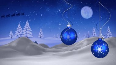 Noel dekorasyonu ve Noel Baba 'nın kış manzarası boyunca ren geyikleriyle kızakta canlandırılması. Noel, gelenek ve kutlama konsepti dijital olarak oluşturuldu.