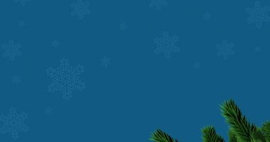 Kar taneleri ve köknar ağacı dalının animasyonu. Mavi arka planda kopyalama alanı var. Noel, kış, gelenek ve kutlama konsepti dijital olarak oluşturulmuş video.