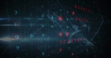 Tarama animasyonu, numaralar ve çevrimiçi güvenlik kilidi. küresel internet güvenliği, veri işleme, bağlantılar ve dijital arayüz konsepti dijital olarak oluşturulmuş video.