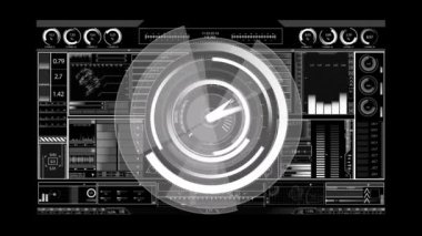 Siyah arkaplandaki dijital arayüzün üzerindeki saatle taramanın animasyonu. küresel bağlantılar, veri işleme ve dijital arayüz konsepti dijital olarak oluşturulmuş video.