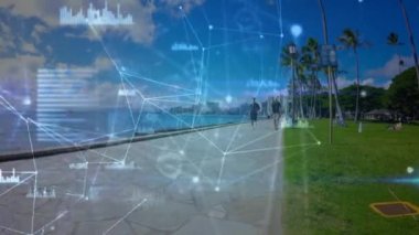 Bağlantı ağının animasyonu ve beyaz adamın denizde koşması üzerine veri işleme. sağlıklı aktif yaşam tarzı ve küresel ağ konsepti dijital olarak oluşturulmuş video.