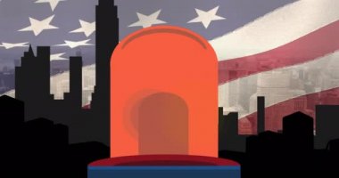 Amerika Birleşik Devletleri bayrağı ve şehir manzarası üzerine Mutlu İşçi Bayramı metni. Amerikan vatanseverliği, gelenek ve kutlama konsepti dijital olarak oluşturulmuş video.