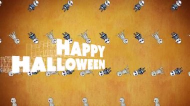 Cadılar Bayramı 'nın animasyonu ve turuncu arka planda yüzen mumyalar. Cadılar bayramı geleneği ve dijital olarak oluşturulan kutlama konsepti.