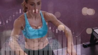 Formda kadın egzersizi üzerine istatistiklerin animasyonu. küresel bağlantılar, spor, fitness ve veri işleme konsepti dijital olarak oluşturulmuş video.