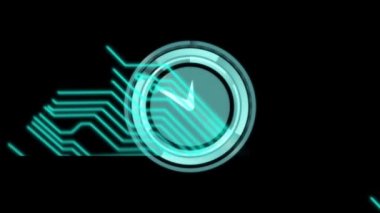 Siyah arka plandaki saat üzerinden bilgisayar devre kartının animasyonu. küresel hesaplama, veri işleme, bağlantılar ve dijital arayüz konsepti dijital olarak oluşturulmuş video.