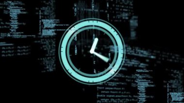 Siyah arkaplandaki veri işleme üzerindeki saatin animasyonu. küresel hesaplama, veri işleme, bağlantılar ve dijital arayüz konsepti dijital olarak oluşturulmuş video.