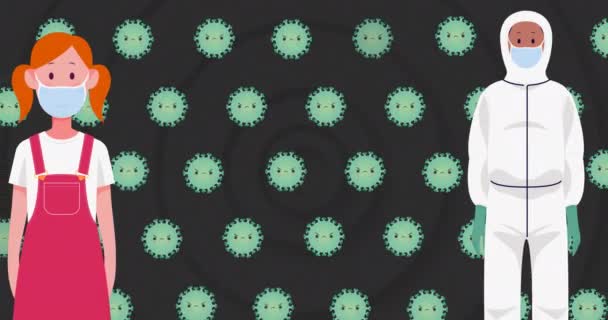 Virüs Hücreleri Üzerinde Yüz Maskesi Olan Kız Doktor Animasyonu Coronavirus — Stok video