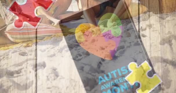 Animation Colourful Puzzle Pieces Heart Autism Text Happy Friends Summer — Stock Video