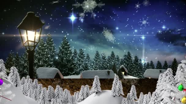 Schneeflocken fallen über zwei weiße Weihnachtsbäume auf die Winterlandschaft gegen den Nachthimmel. Weihnachtsfeier und Festkonzept