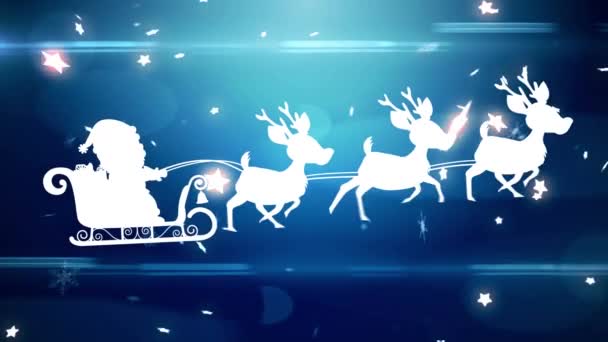 Animation Glowing Stars Falling Santa Claus Sleigh Reindeer Christmas Tradition — Stock Video