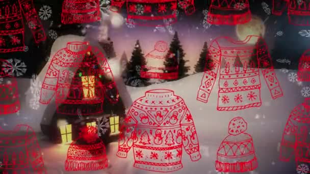 Kerst Trui Beanie Iconen Naadloos Patroon Sneeuwvlokken Vallen Het Winterlandschap — Stockvideo