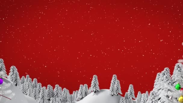 Animering Snö Faller Över Granar Med Dekorationer Vinterlandskapet Jul Tradition — Stockvideo