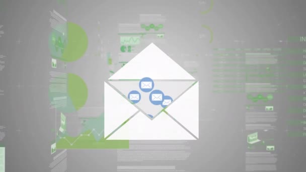 Animazione Icone Email Dati Digitali Sfondo Grigio Social Media Globali — Video Stock