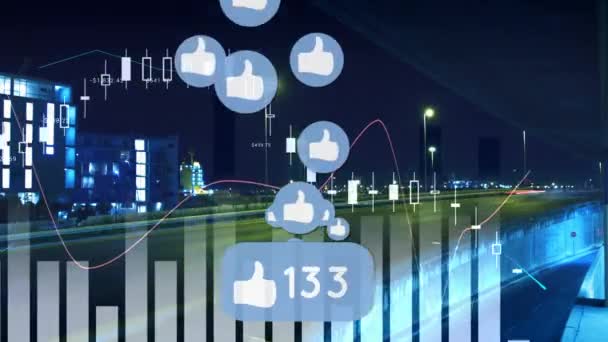 Animation Statistic Data Icons Increasing Number Night Cityscape Global Social — Stock Video