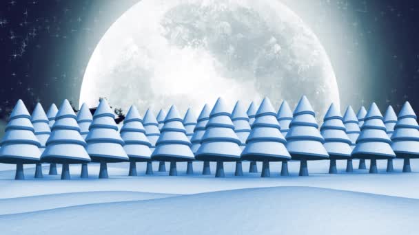 Animación Santa Claus Trineo Con Renos Moviéndose Sobre Paisaje Invernal — Vídeos de Stock