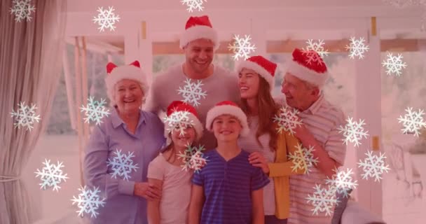 Animazione Neve Che Cade Una Famiglia Caucasica Sorridente Con Cappelli — Video Stock