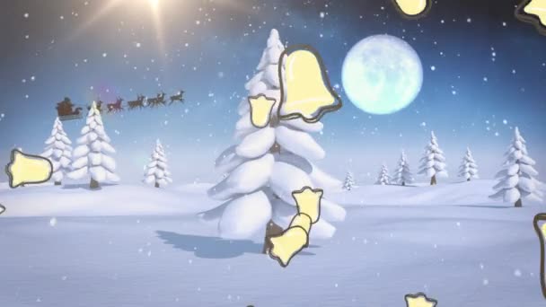 Snow Multiple Chritsmas Bell Icons Falling Winter Landscape Moon Night — Stock Video