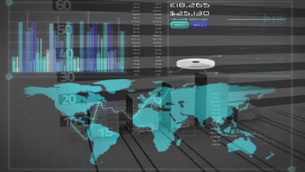 Animace Zpracování Dat Finanční Statistiky Mapě Světa Globální Výpočetní Technika — Stock video