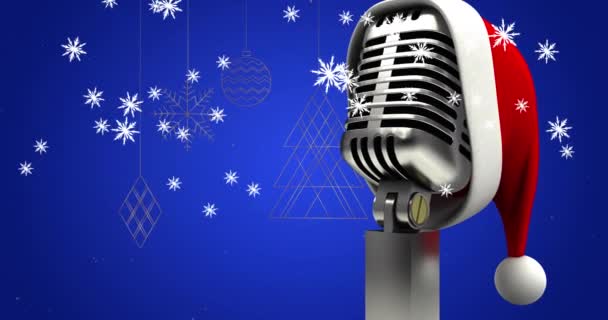 Анимация Шляпы Санты Винтажном Микрофоне Снегопада Синем Фоне Рождество Традиции — стоковое видео