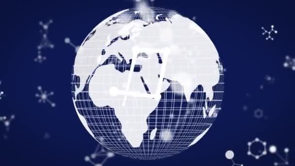 地球のアニメーション 青の背景に分子 世界規模の接続 データ処理 デジタルインターフェースの概念デジタル生成ビデオ — ストック動画
