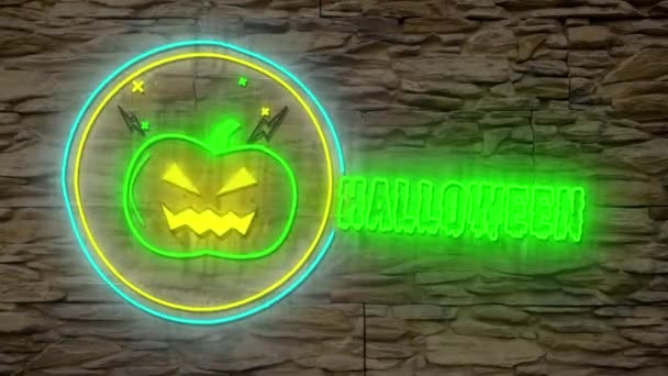 ネオンハロウィンの挨拶や茶色の石の背景にカボチャのアニメーション ハロウィーンの伝統とお祝いのコンセプトデジタル生成ビデオ — ストック動画