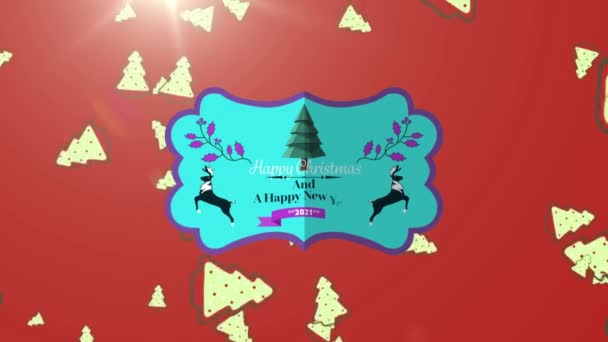Animatie Van Kersttekst Vallende Kerstbomen Rode Achtergrond Kerstmis Traditie Viering — Stockvideo