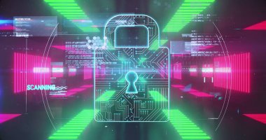 Dijital arayüz asma kilidi, uyarı metni, arka planda hareket eden neon tüneli. Küresel teknoloji çevrimiçi güvenlik kavramı dijital olarak oluşturulmuş görüntü.