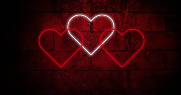 Image Red White Neon Hearts Flashing Brick Wall Background Valentine — Stock Photo, Image